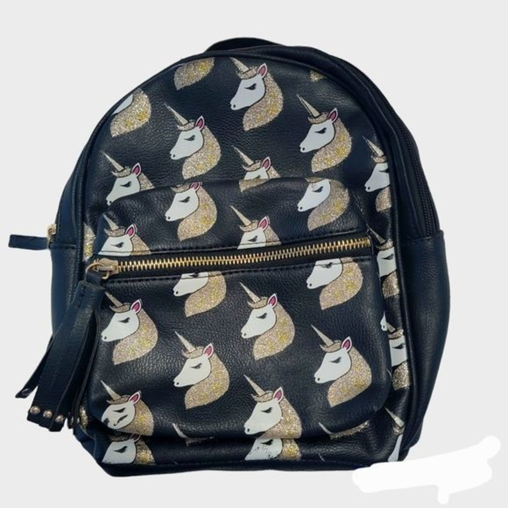 Unicorn small backpack size 10 by 11 inches adjustable straps black gold glitter